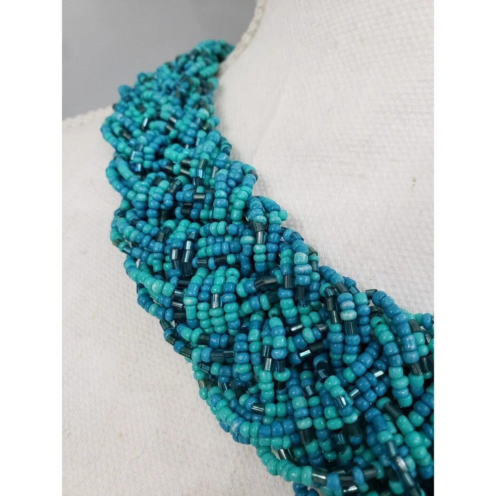 Blue Glass Seed Bead Necklace Braided Turquoise Colors‎ Boho Bohemian Chunky
